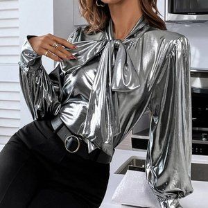Silver Womens Tie Neck Bishop Sleeve Metallic Blouse